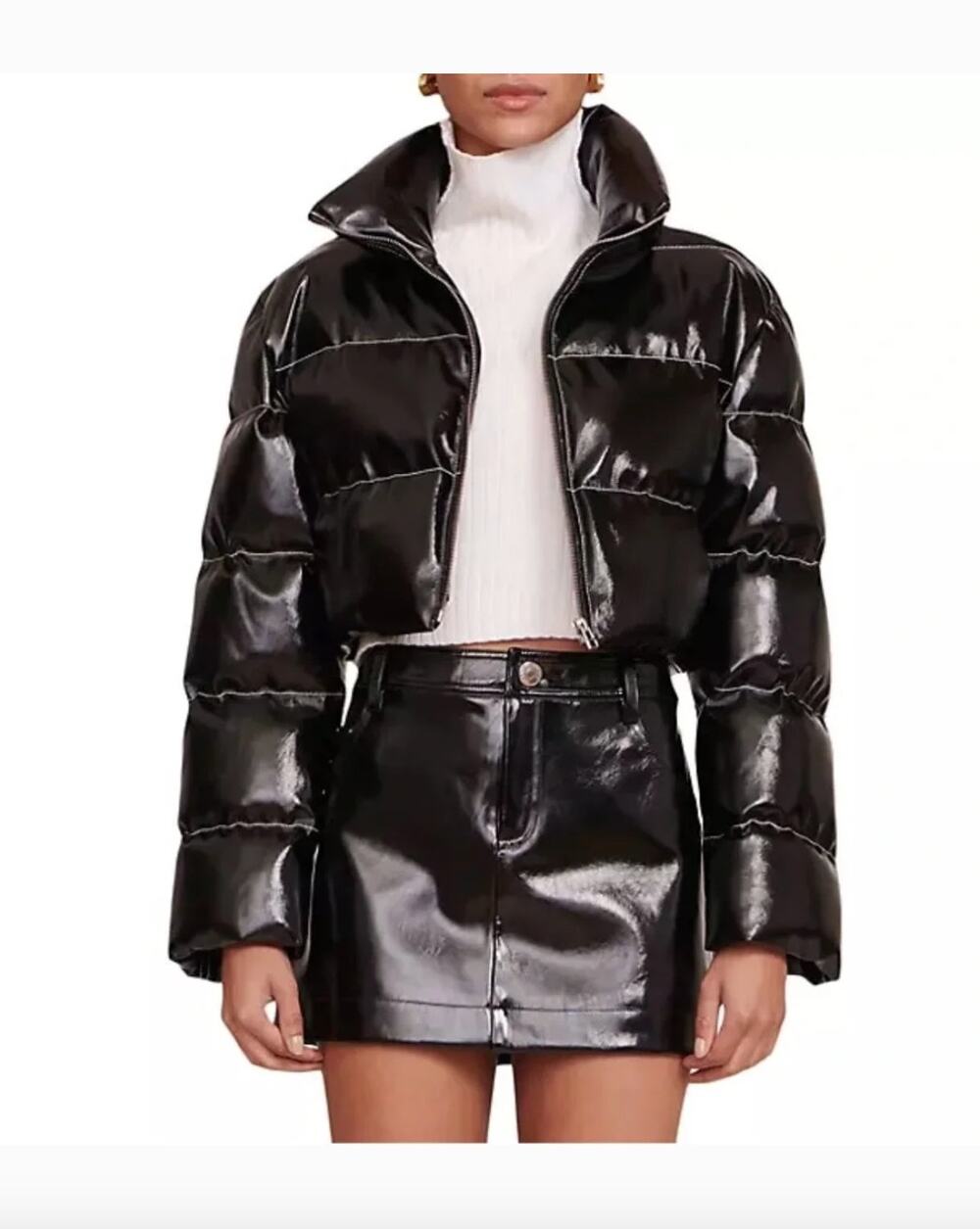 STAUD Ace Cropped Faux Leather Puffer Jacket Black High Neck Small